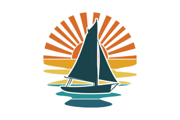 Sail Boat Retro Sun Rays Water PNG SVG